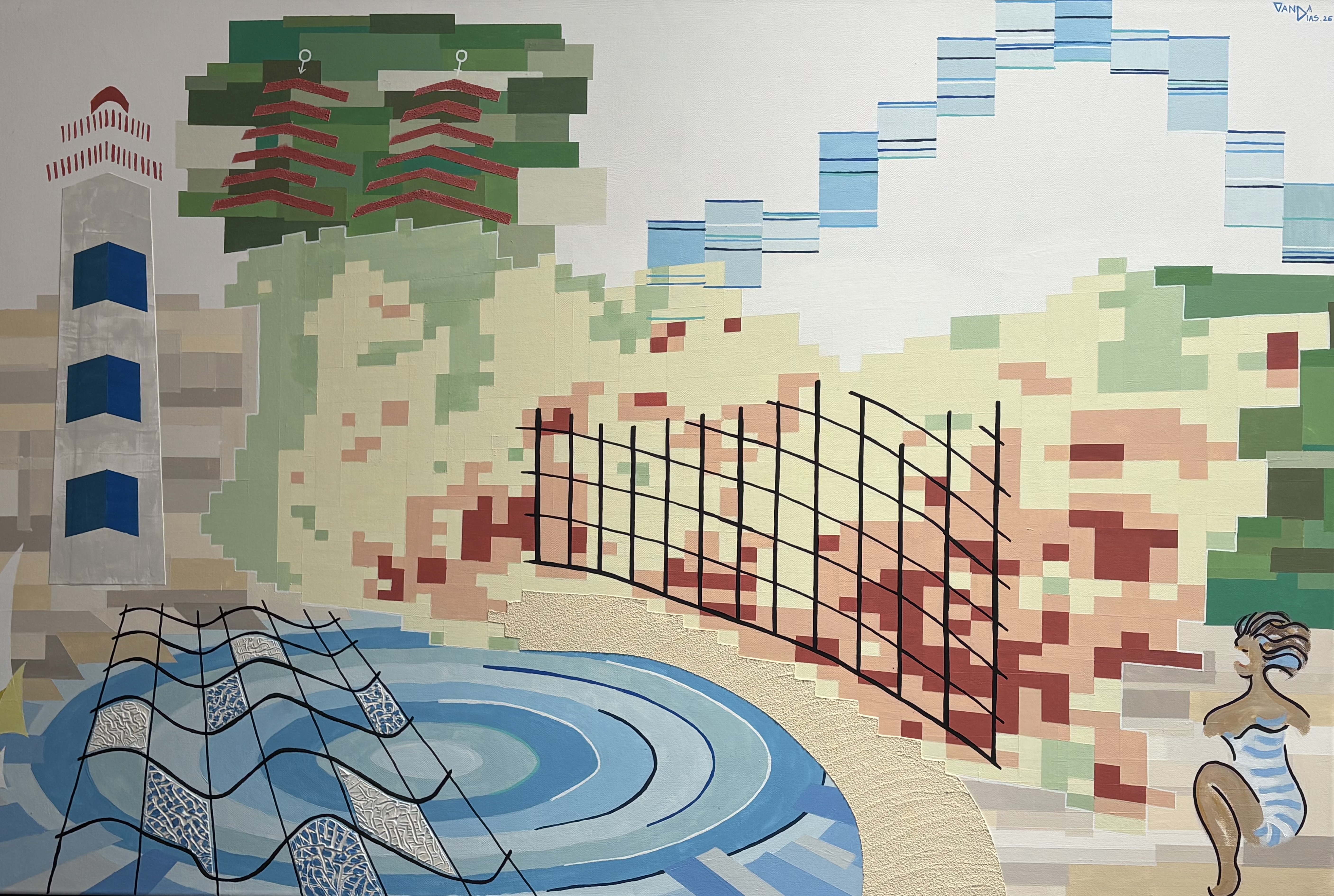 Artwork inspired by Cascais with geometric forms, sea, architecture, and a swimmer